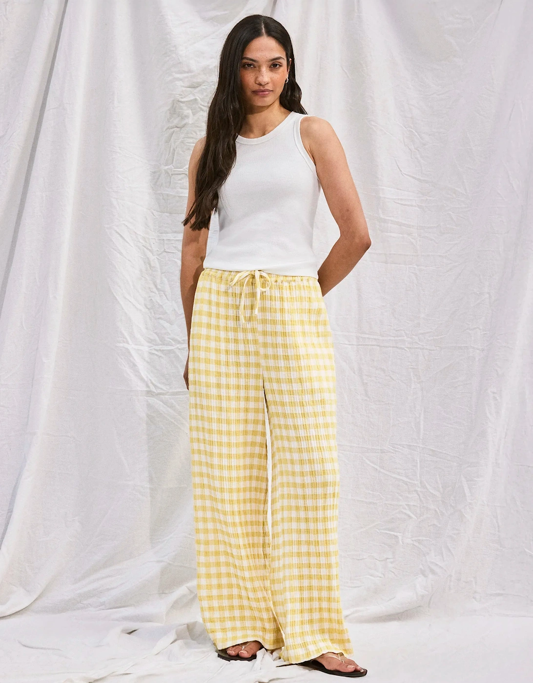 Petite Lemon-Yellow Check Cheesecloth Trousers
