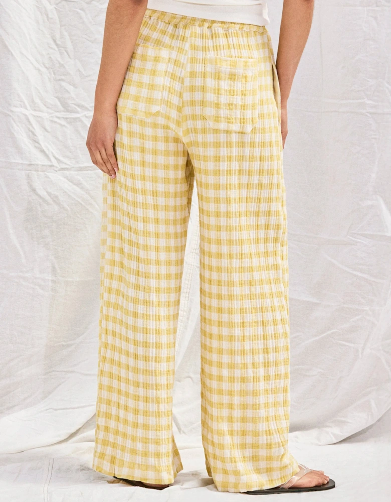 Petite Lemon-Yellow Check Cheesecloth Trousers