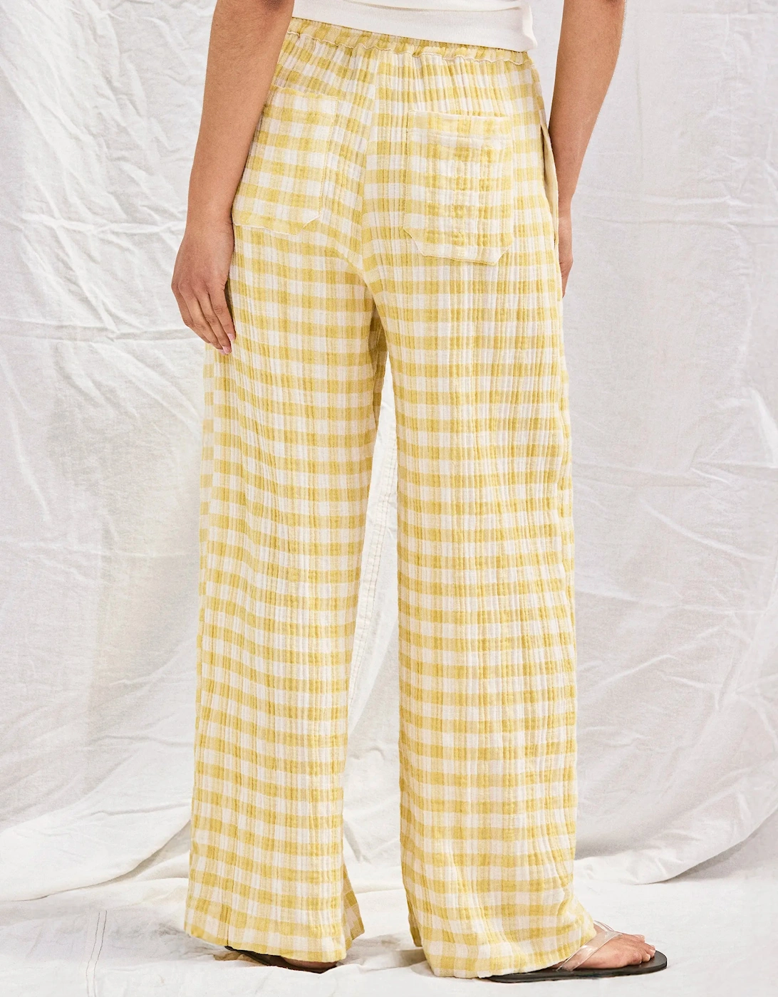 Petite Lemon-Yellow Check Cheesecloth Trousers