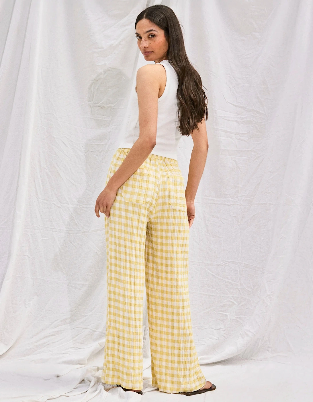 Petite Lemon-Yellow Check Cheesecloth Trousers