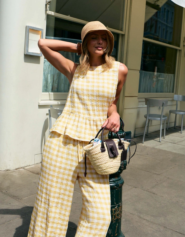 Lemon-Yellow Check Cheesecloth Peplum Top