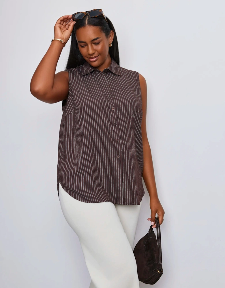 Brown Striped Sleeveless Button Up Shirt