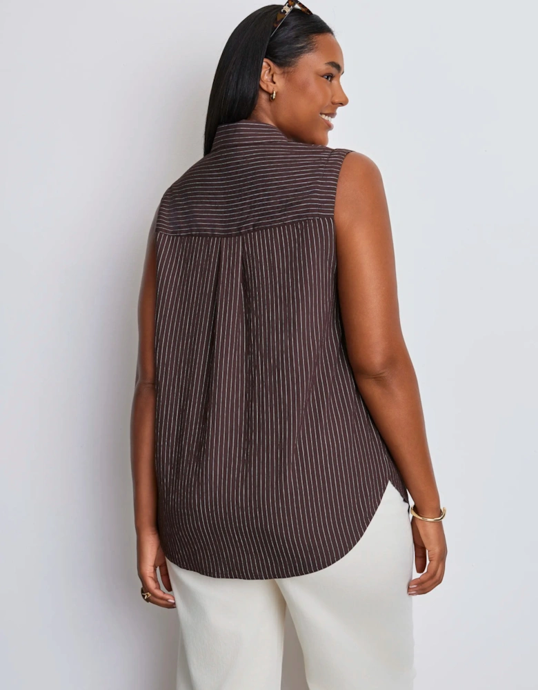 Brown Striped Sleeveless Button Up Shirt