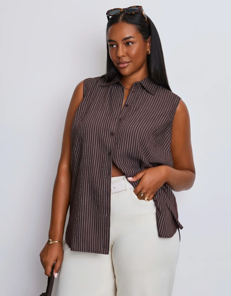 Brown Striped Sleeveless Button Up Shirt