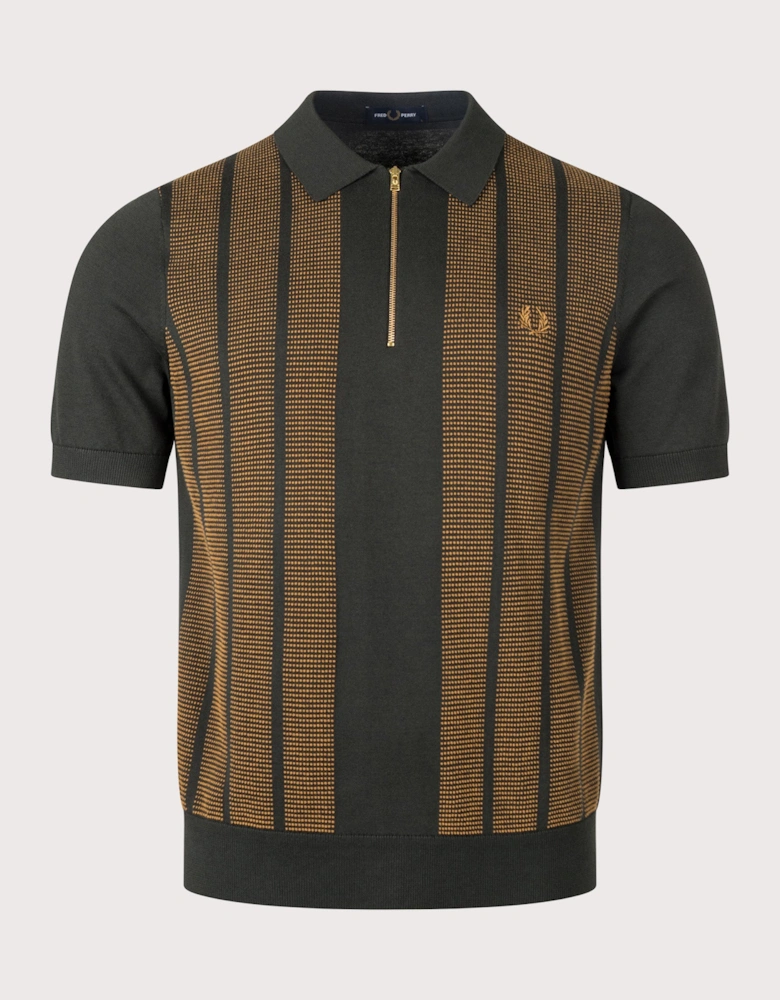 Regular Fit Textured Panel Zip Neck Knitted Polo Shirt