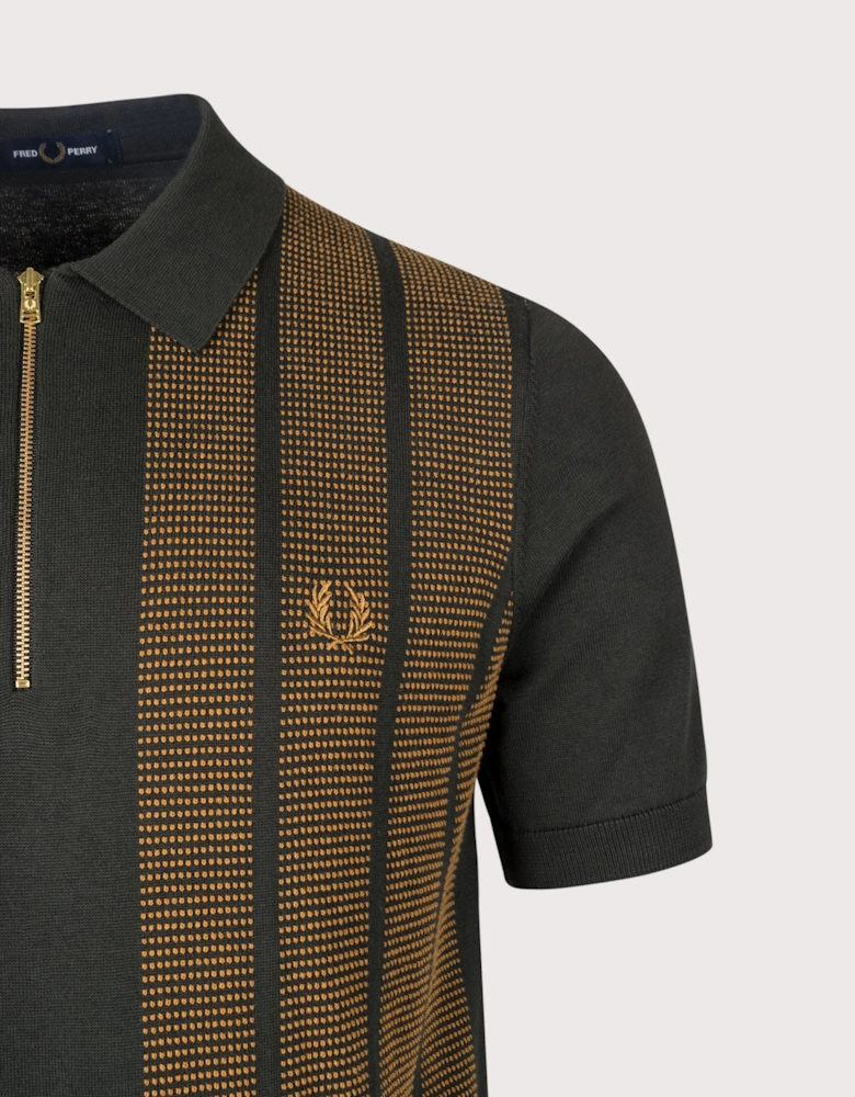 Regular Fit Textured Panel Zip Neck Knitted Polo Shirt