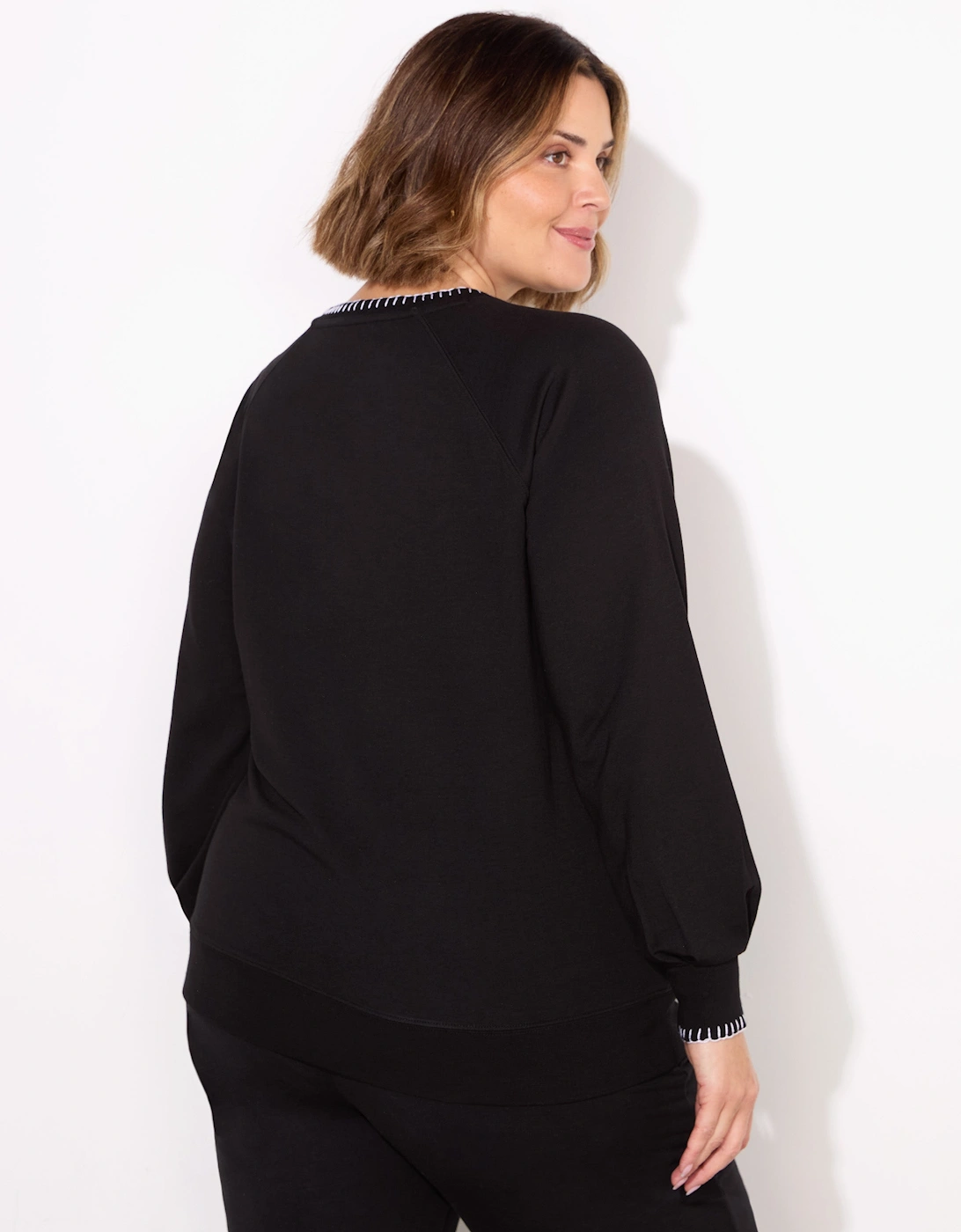 Black Blanket Stitch Modal V-Neck Sweatshirt