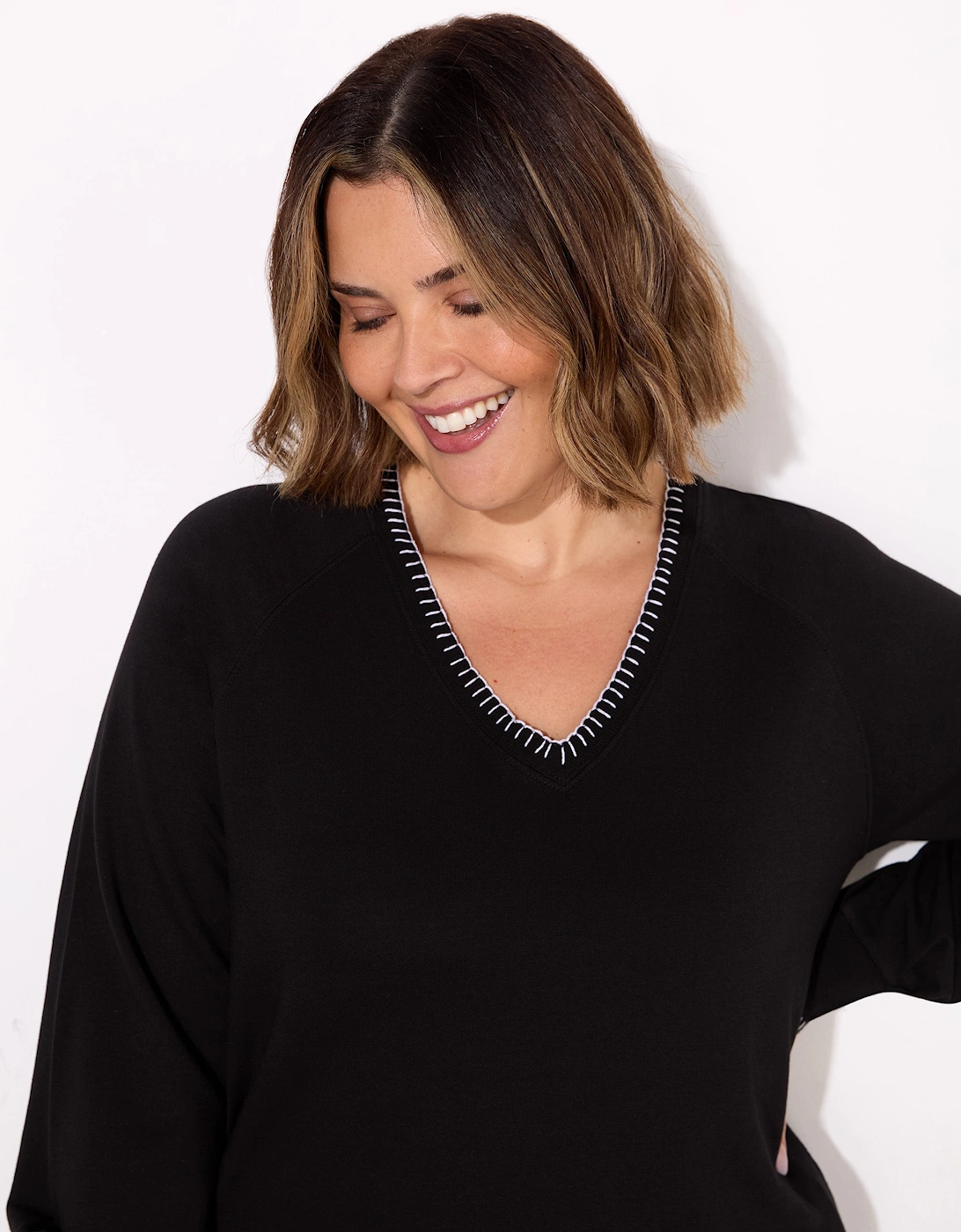 Black Blanket Stitch Modal V-Neck Sweatshirt