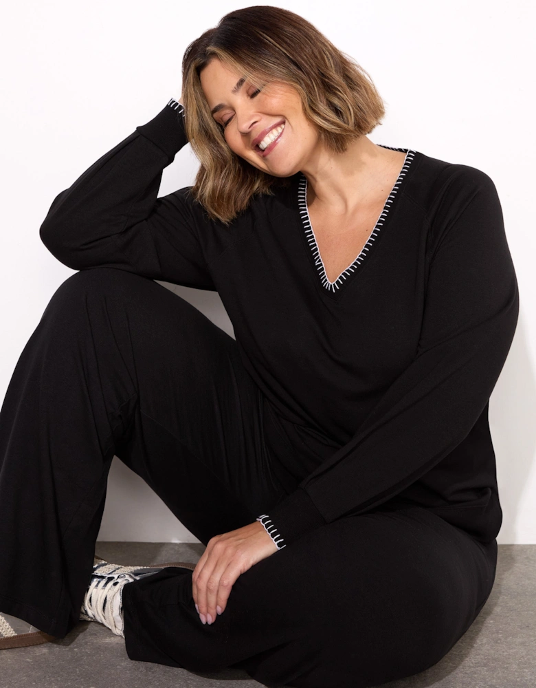 Black Blanket Stitch Modal V-Neck Sweatshirt