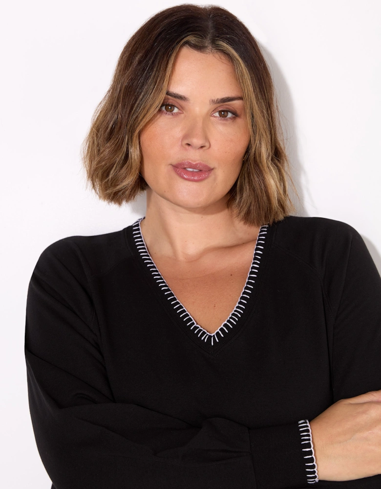 Black Blanket Stitch Modal V-Neck Sweatshirt