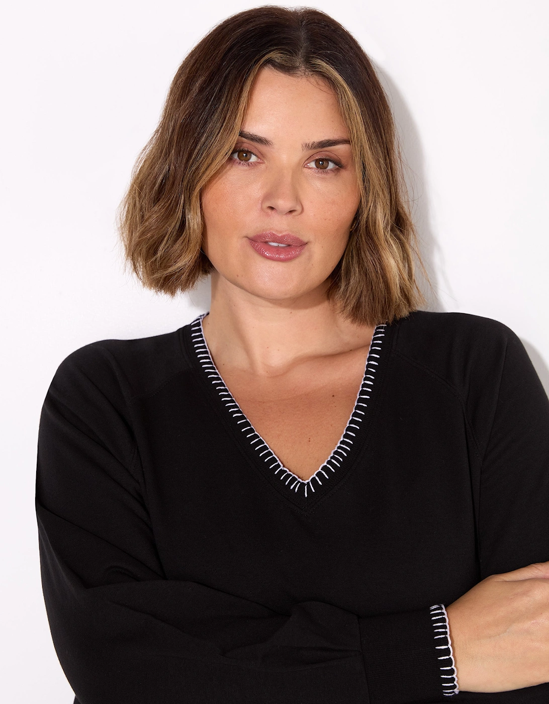 Black Blanket Stitch Modal V-Neck Sweatshirt