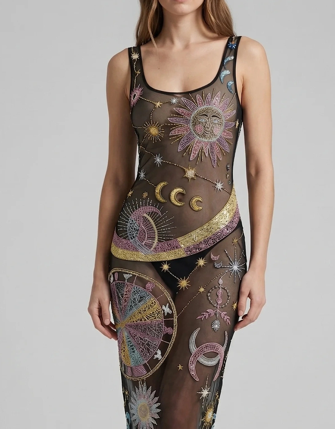 Black Starlit Cosmos Hand-Embroidered Sheer Maxi Dress in Stock