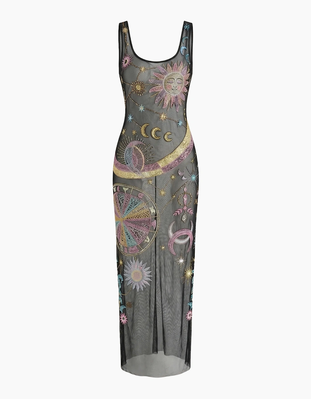 Black Starlit Cosmos Hand-Embroidered Sheer Maxi Dress in Stock