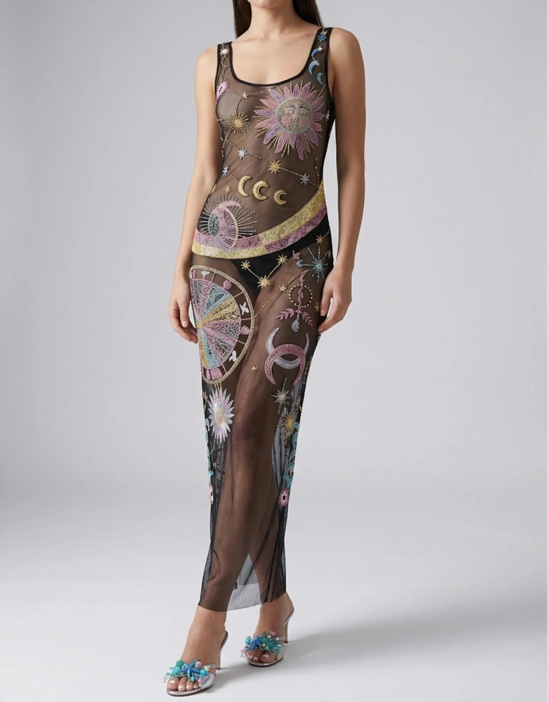 Black Starlit Cosmos Hand-Embroidered Sheer Maxi Dress in Stock