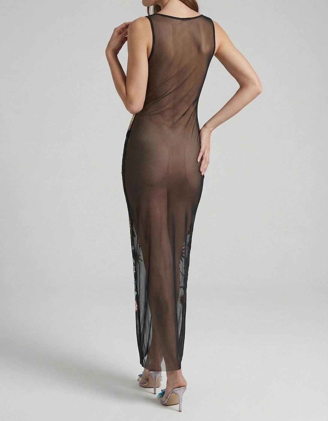 Black Starlit Cosmos Hand-Embroidered Sheer Maxi Dress in Stock