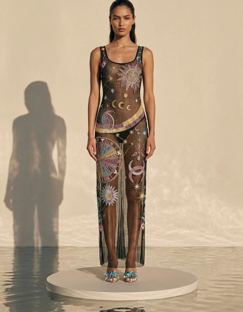 Black Starlit Cosmos Hand-Embroidered Sheer Maxi Dress in Stock