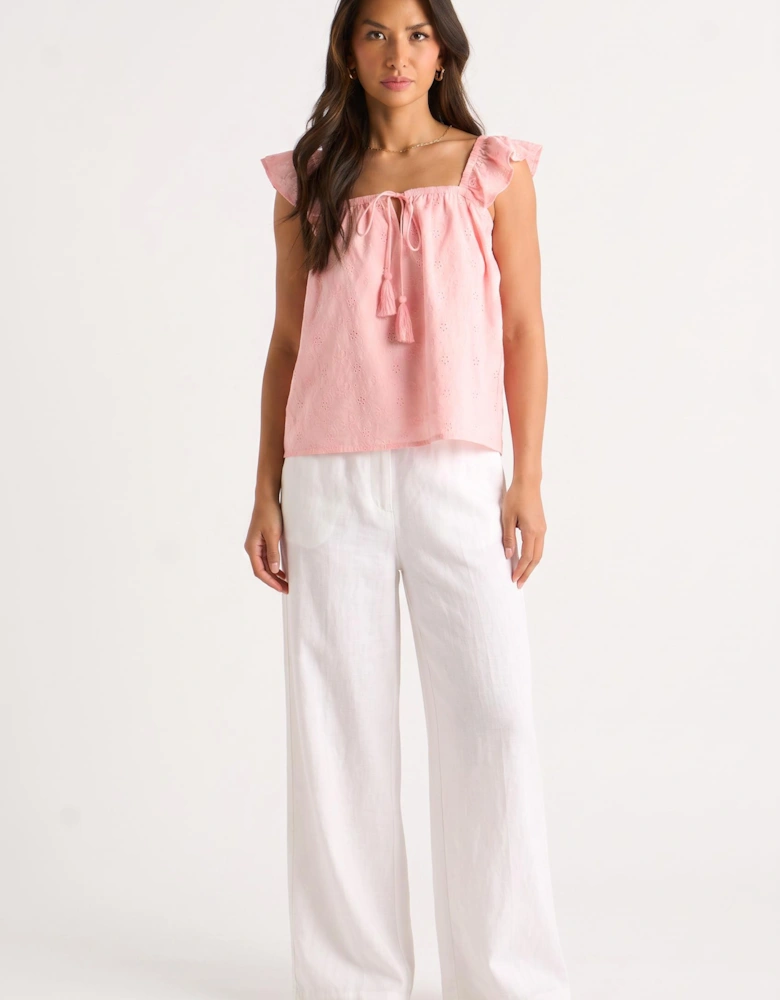Pink Broderie Anglaise Frill Sleeve Top