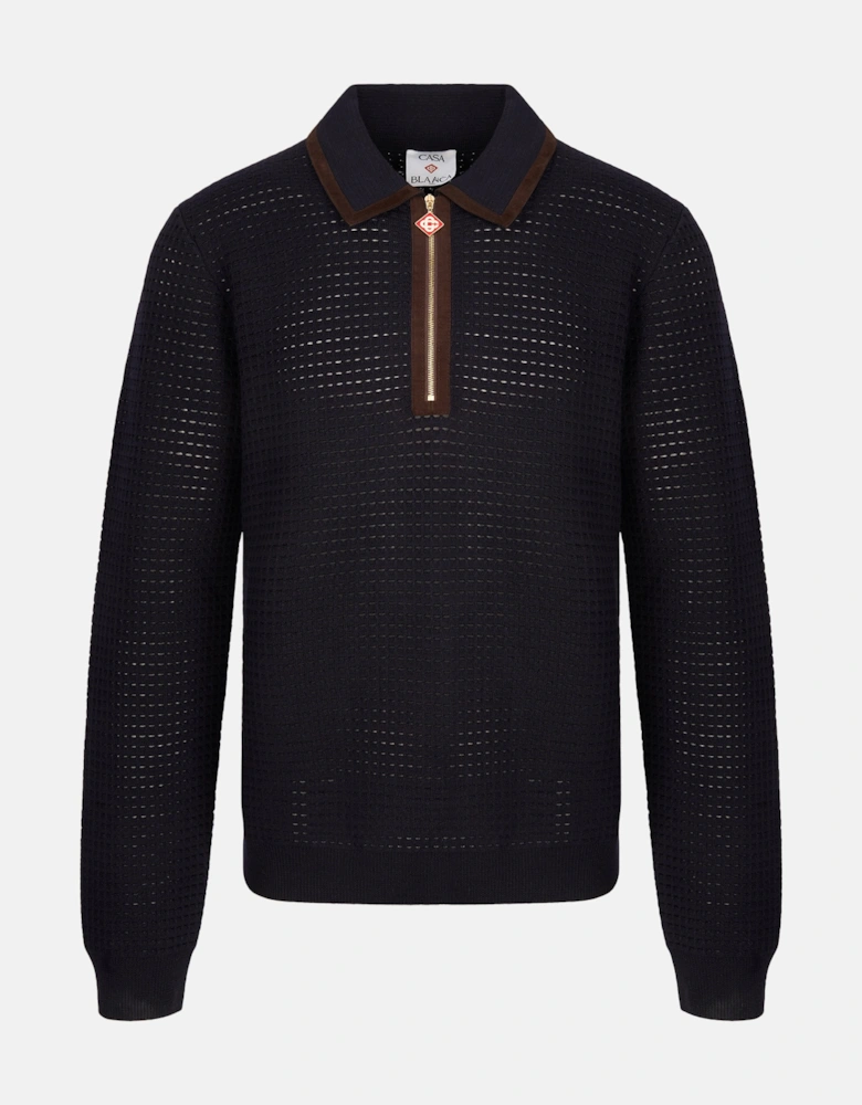 Waffle Stitch LS Polo Shirt Navy