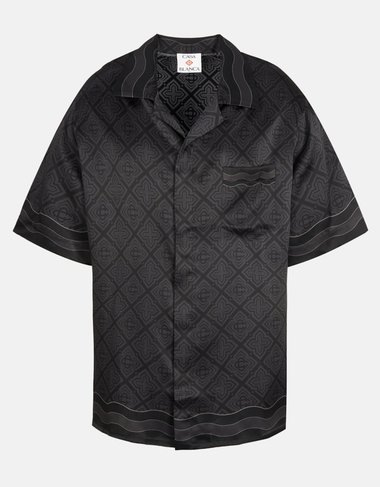 Satin Radiating Monogram Silk Shirt Black