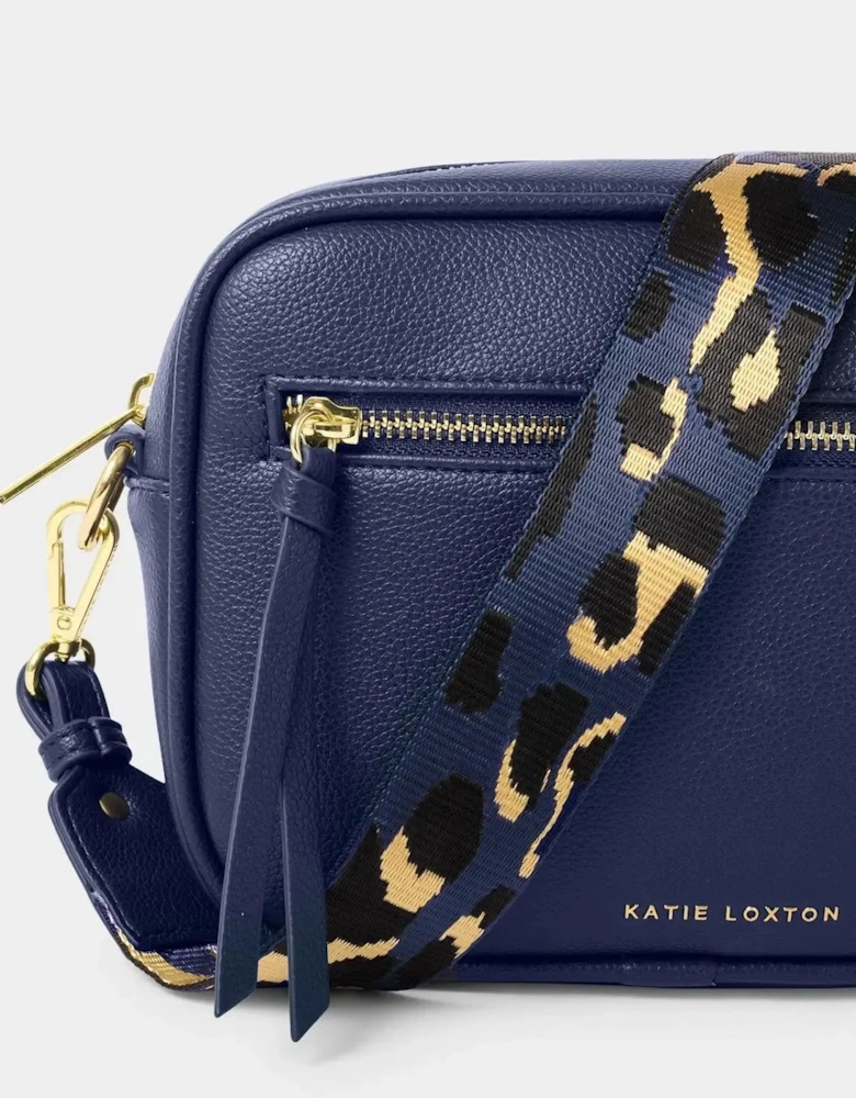 Hallie bag in midnight blue with leopard cross body strap