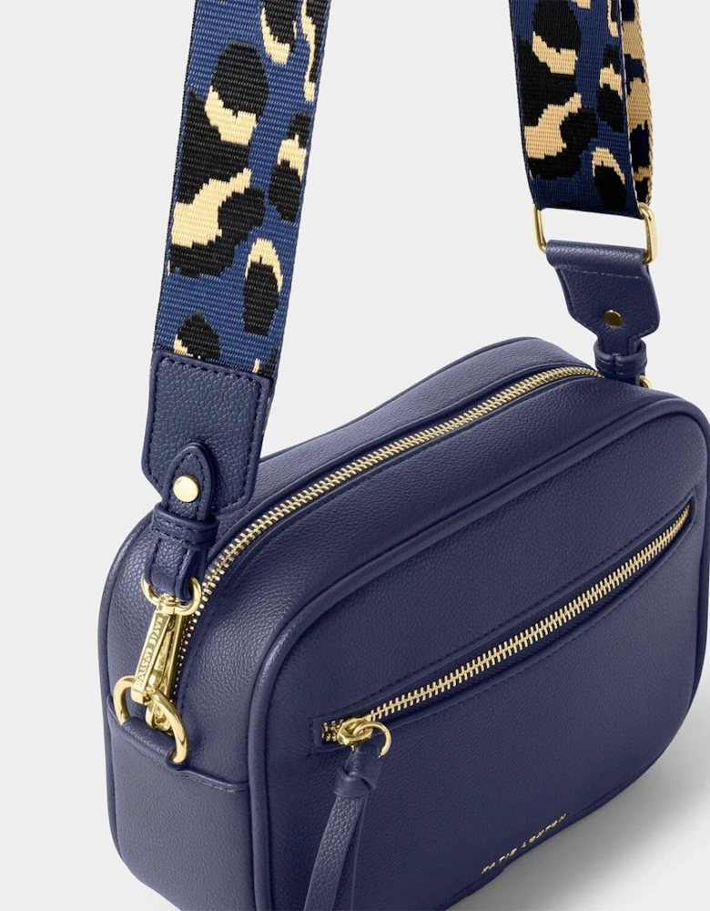 Hallie bag in midnight blue with leopard cross body strap