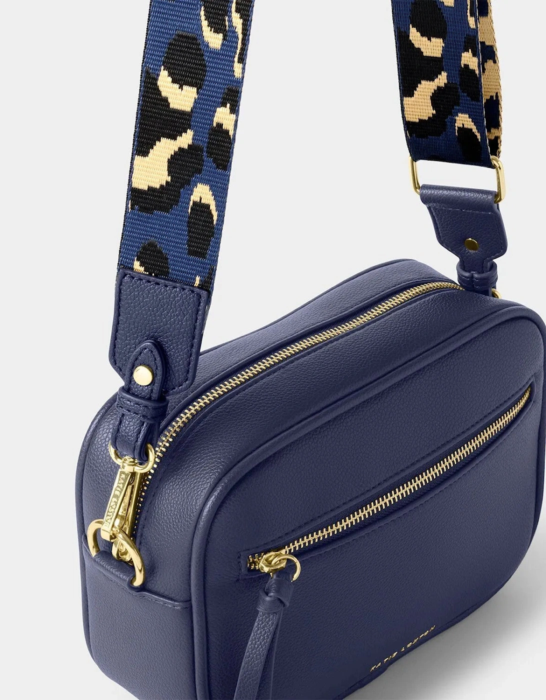 Hallie bag in midnight blue with leopard cross body strap
