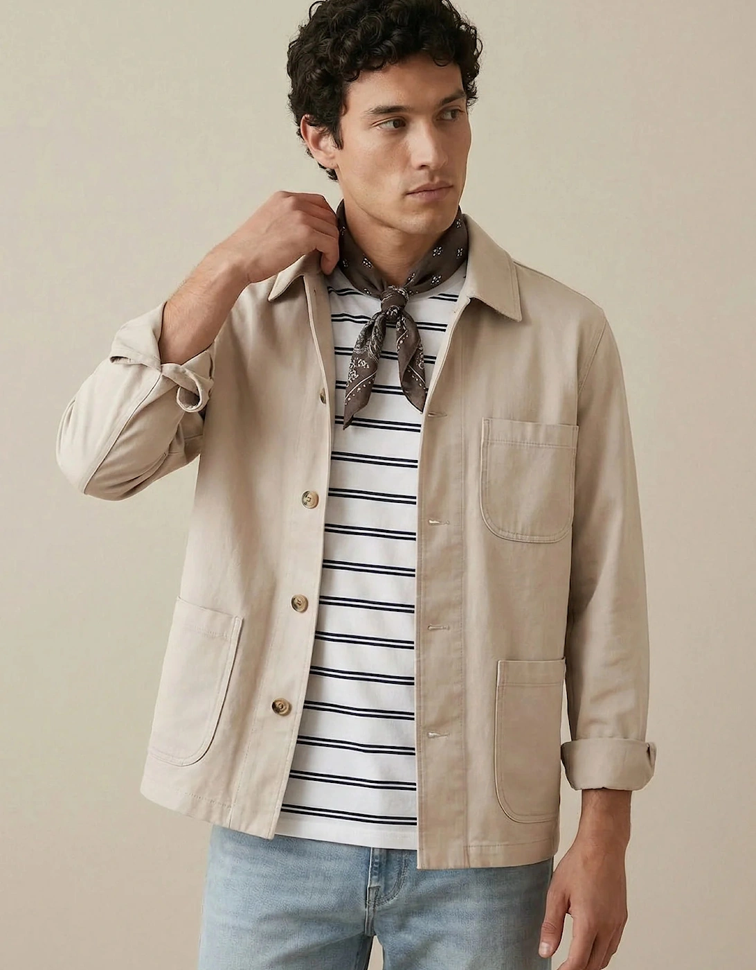 Linen Blend Twill Worker Jacket Overshirt Stone