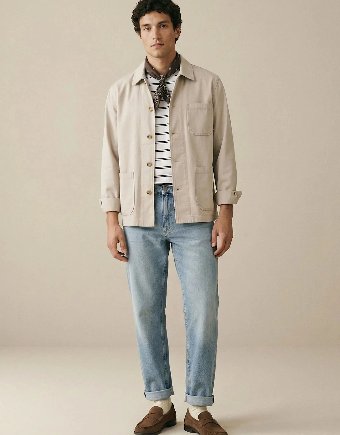Linen Blend Twill Worker Jacket Overshirt Stone