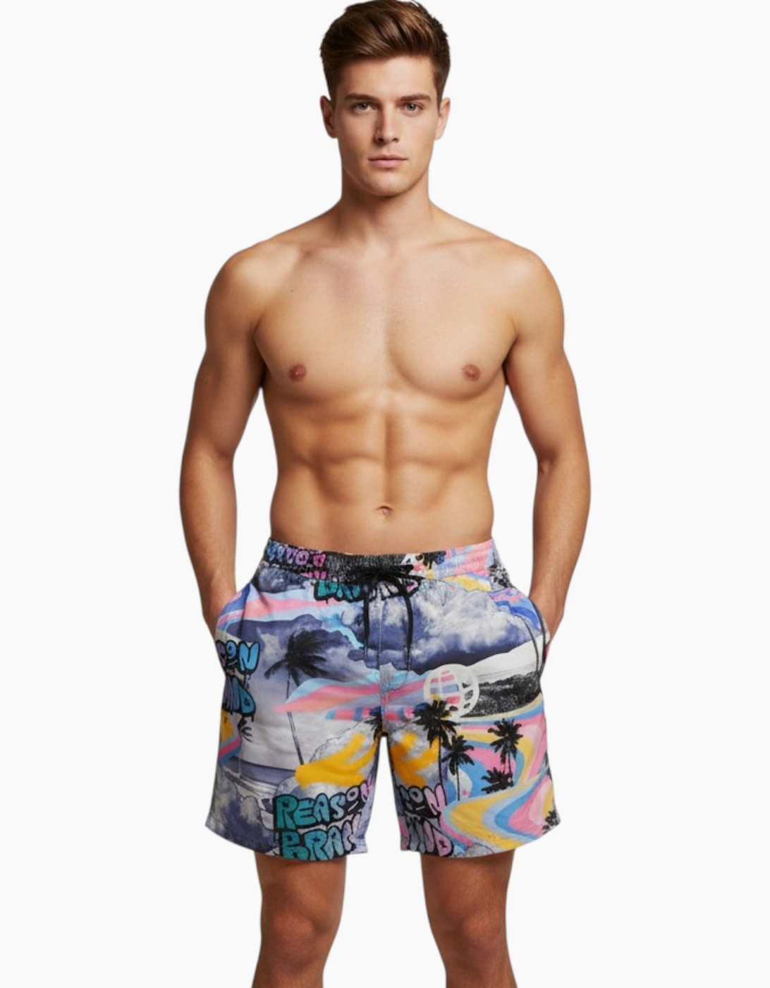 REASON Mens AOP Mesh Shorts All-over Printed Fleece Swimming Board Half Pants