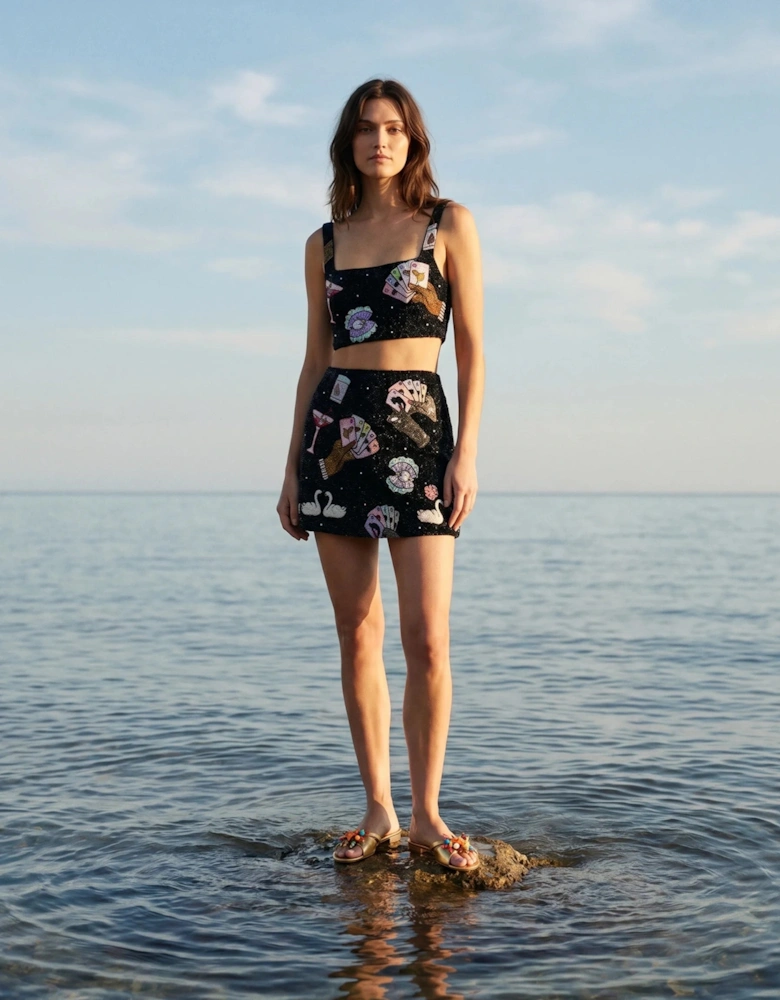 Vegas Beaded Mini Black Party Beach Co-ord Skirt in Stock