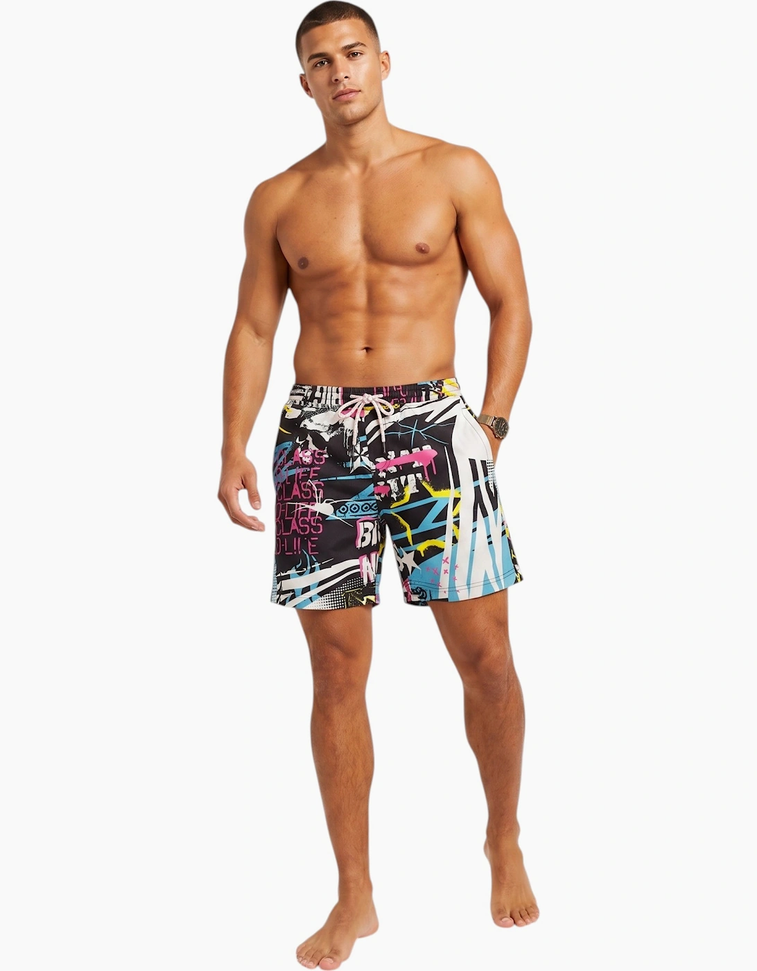 REASON Mens AOP Mesh Shorts All-over Printed Fleece Swimming Board Half Pants