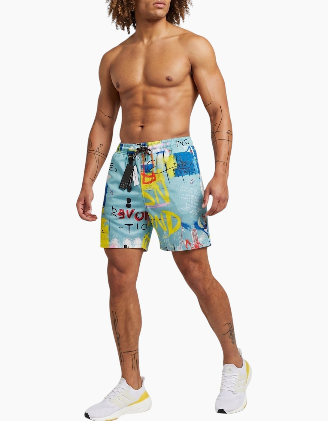 REASON Mens AOP Mesh Shorts All-over Printed Fleece Swimming Board Half Pants