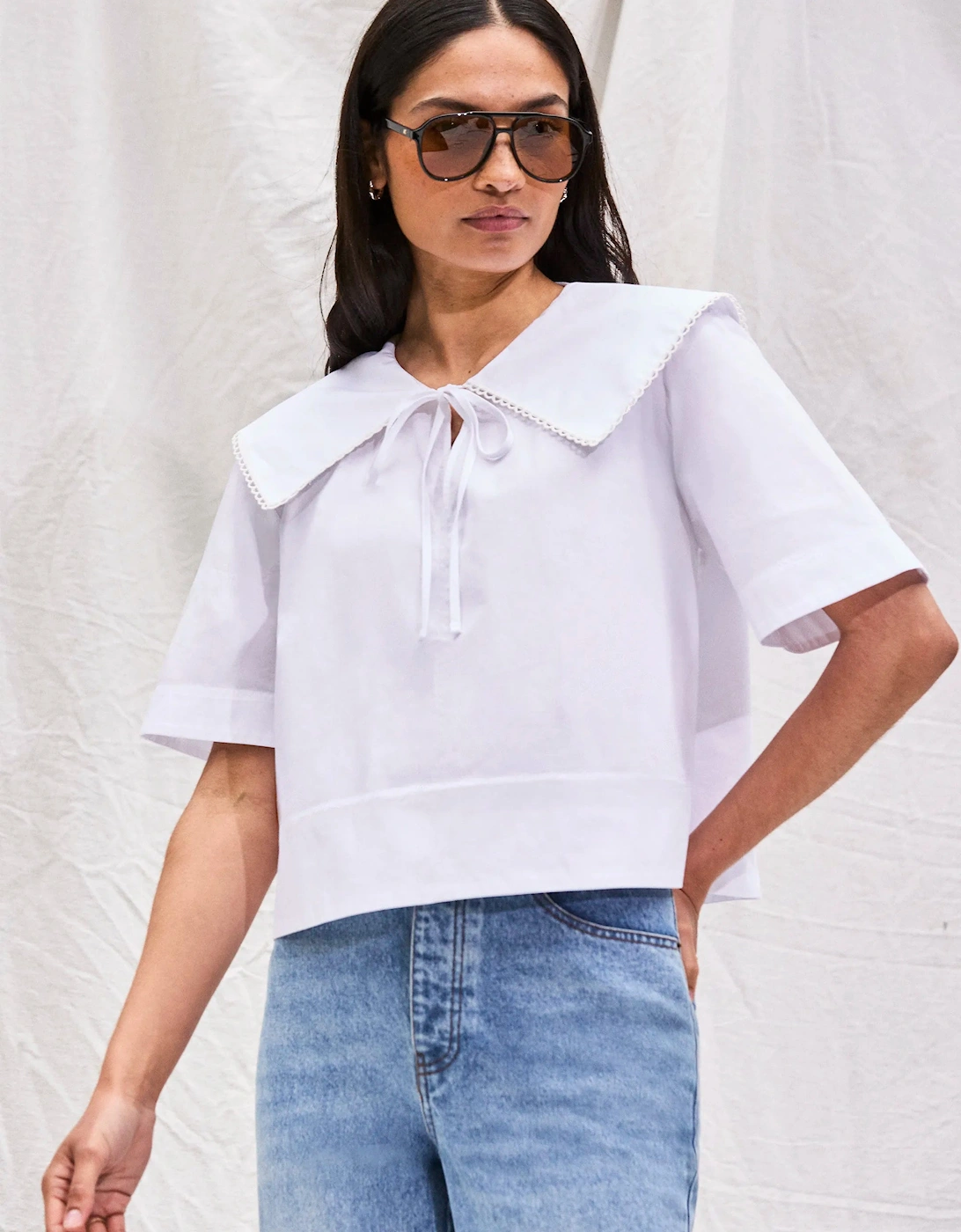 White Cotton Statement-Collar Blouse