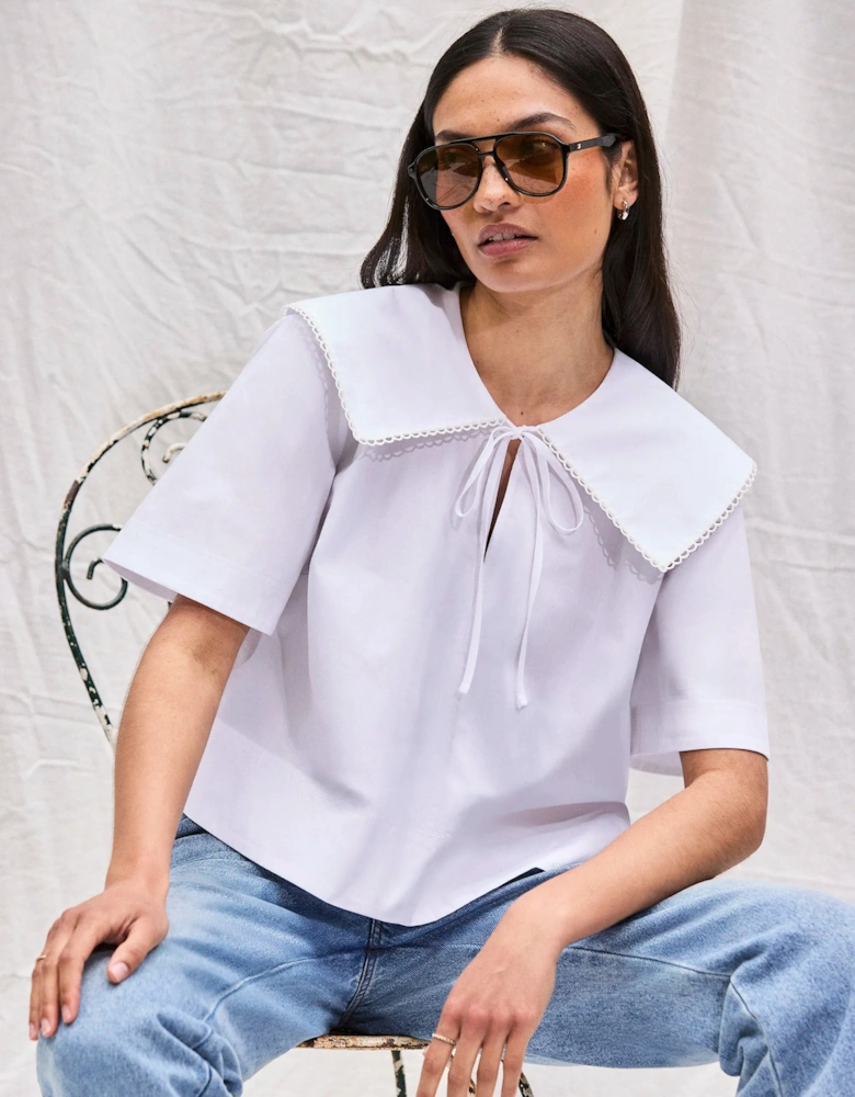 White Cotton Statement-Collar Blouse