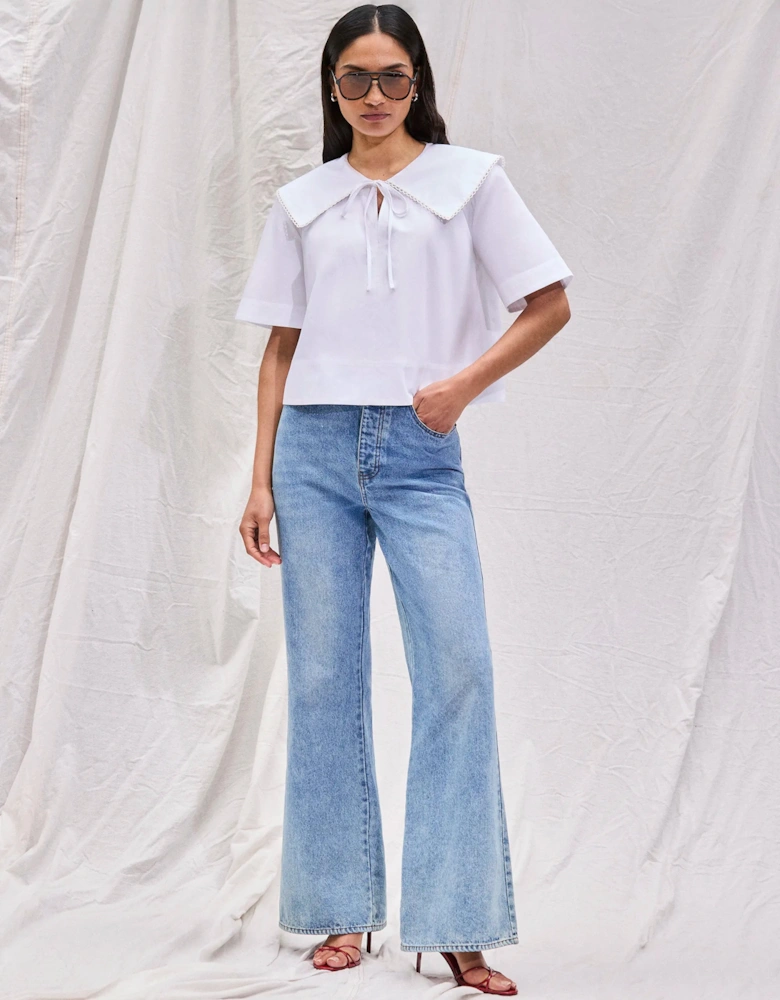 White Cotton Statement-Collar Blouse