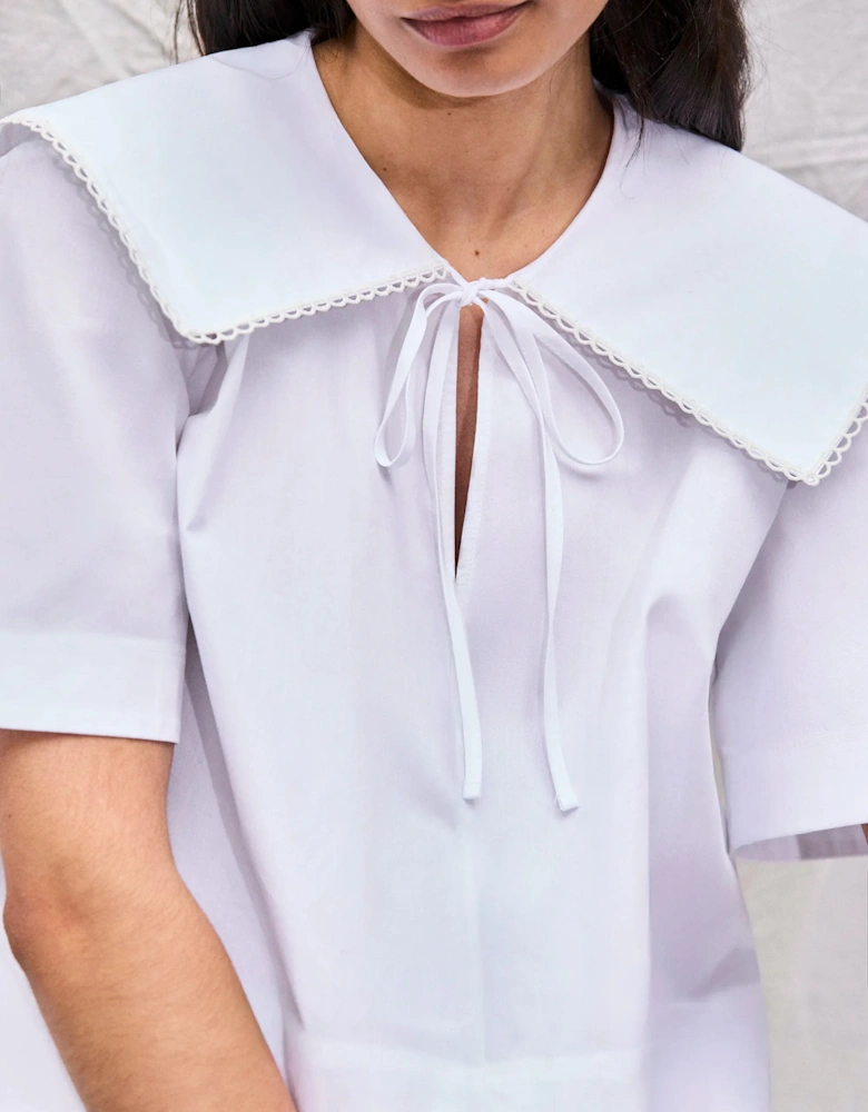 White Cotton Statement-Collar Blouse