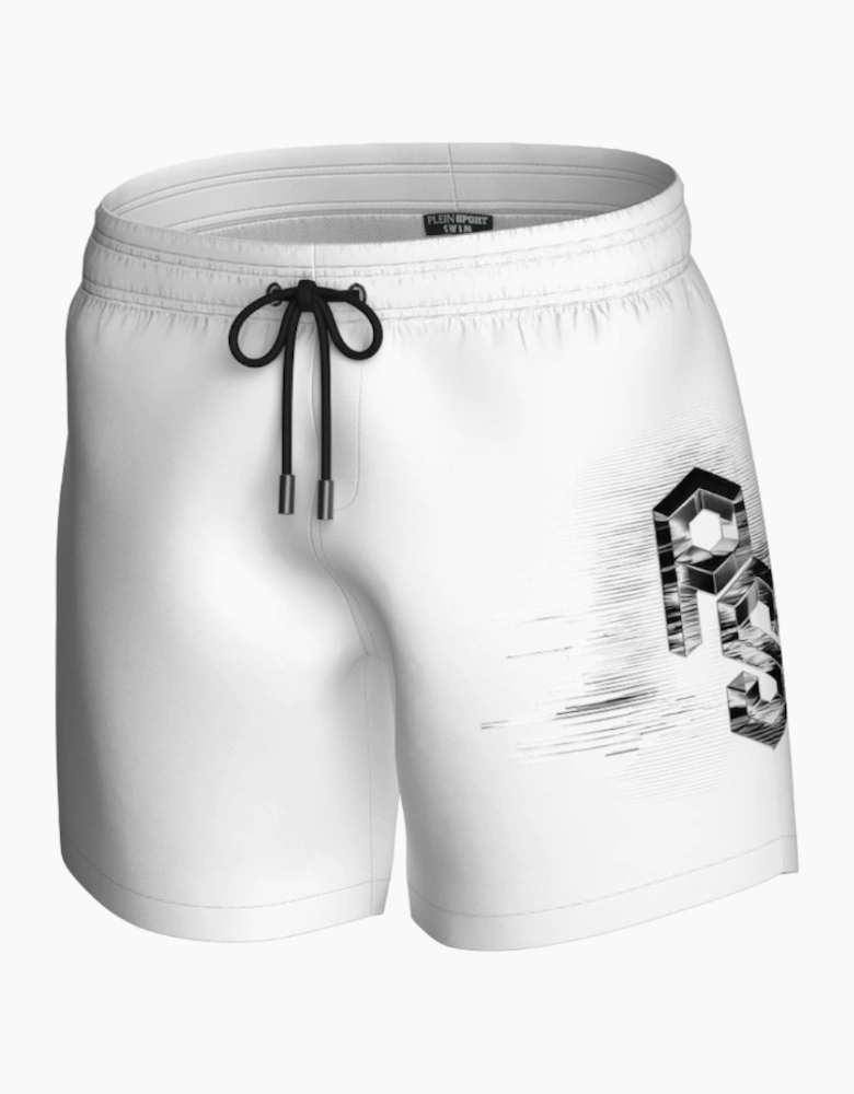 Plein Sport Metallic Logo Medium Boardshort White Swim Shorts
