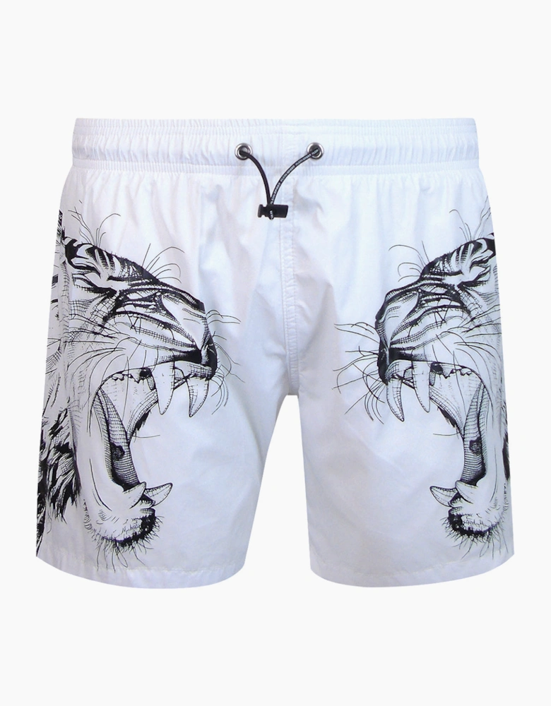 Plein Sport Double Tiger Logo Medium Boardshort White Swim Shorts