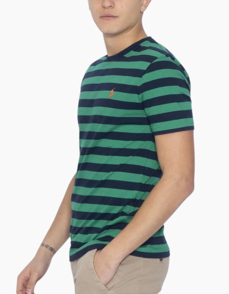 Polo Ralph Lauren Mens T Shirt Crew Neck Green Striped Custom Fit Cotton