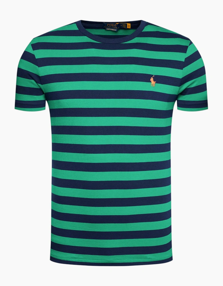 Polo Ralph Lauren Mens T Shirt Crew Neck Green Striped Custom Fit Cotton