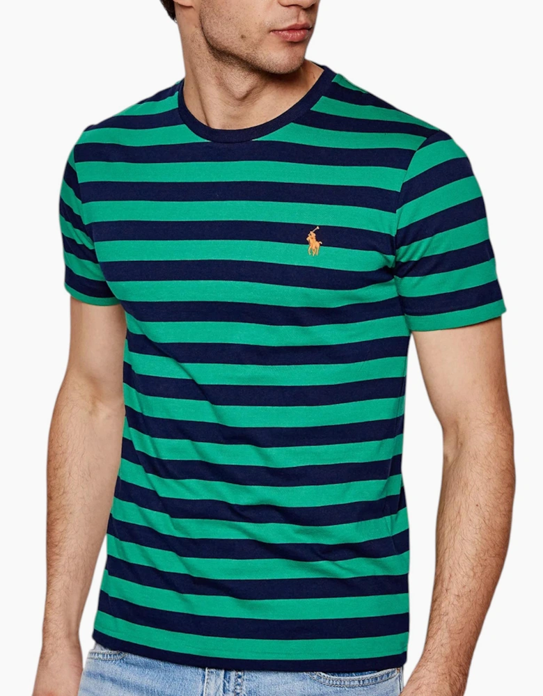Polo Ralph Lauren Mens T Shirt Crew Neck Green Striped Custom Fit Cotton