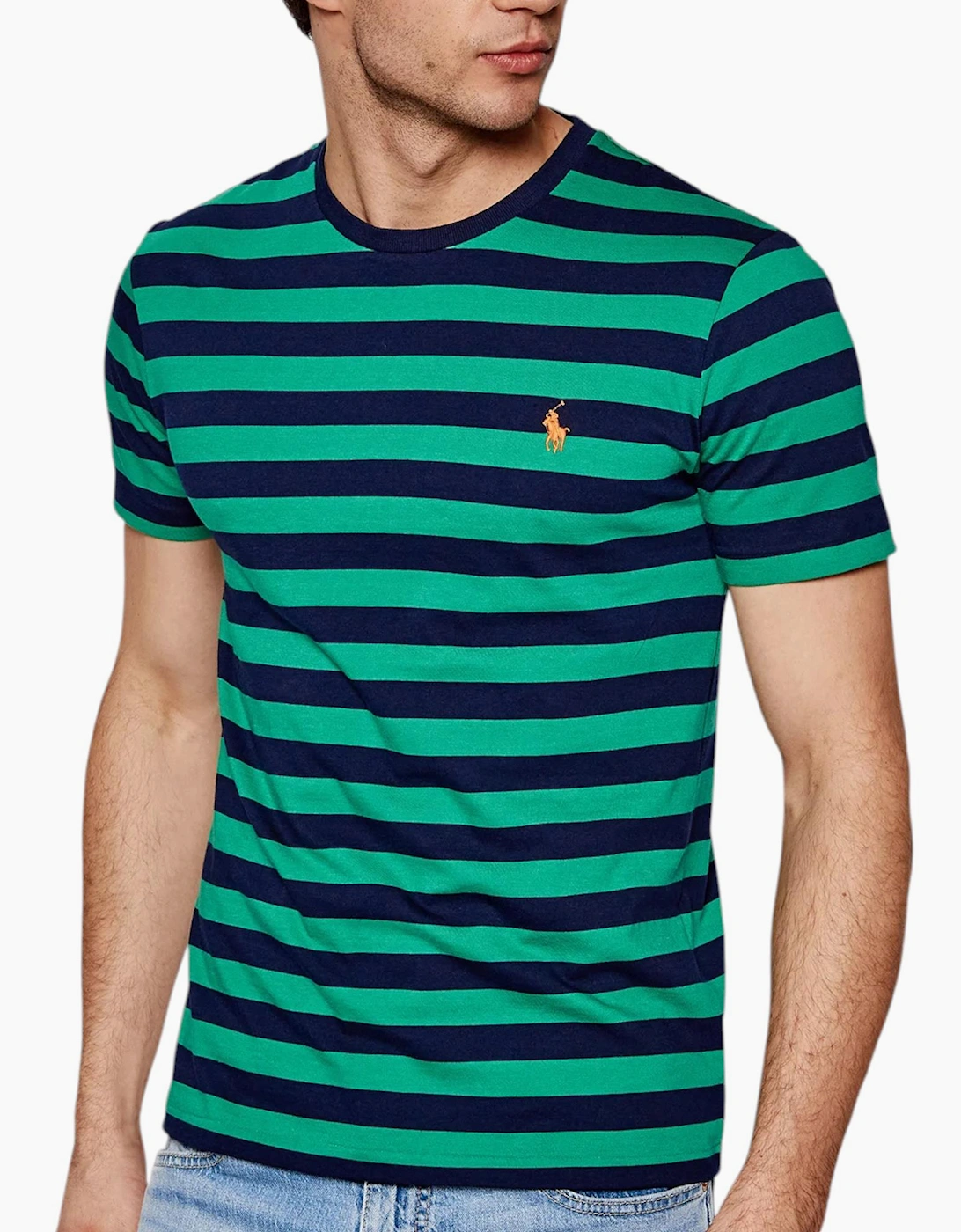 Polo Ralph Lauren Mens T Shirt Crew Neck Green Striped Custom Fit Cotton