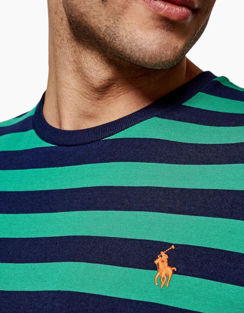 Polo Ralph Lauren Mens T Shirt Crew Neck Green Striped Custom Fit Cotton