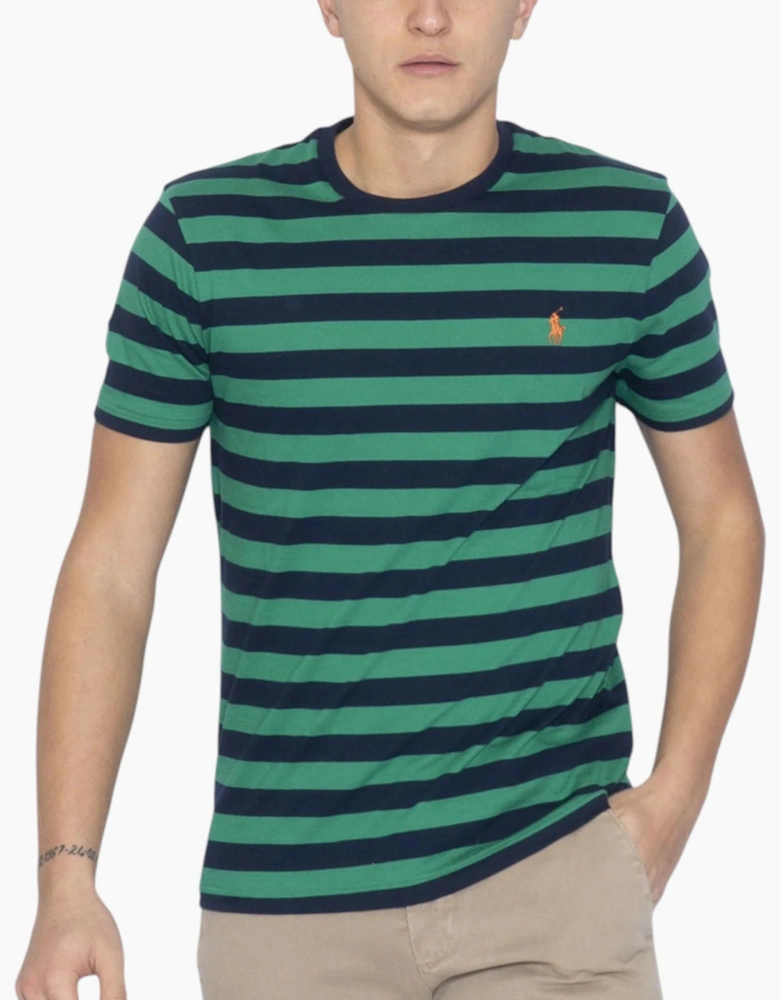 Polo Ralph Lauren Mens T Shirt Crew Neck Green Striped Custom Fit Cotton
