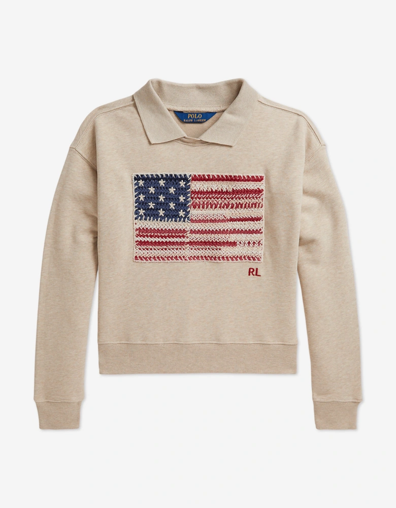 Ralph Lauren Girls French Terry Knit Flag Sweatshirt in Beige