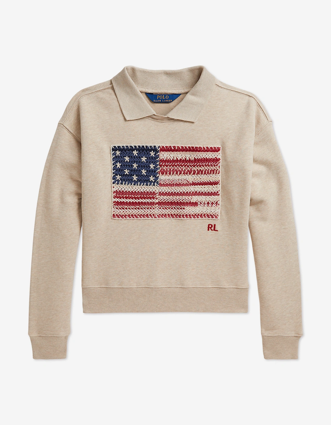 Ralph Lauren Girls French Terry Knit Flag Sweatshirt in Beige