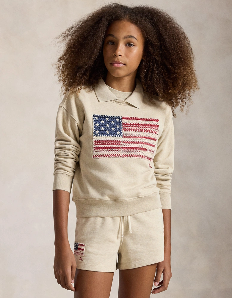 Ralph Lauren Girls French Terry Knit Flag Sweatshirt in Beige