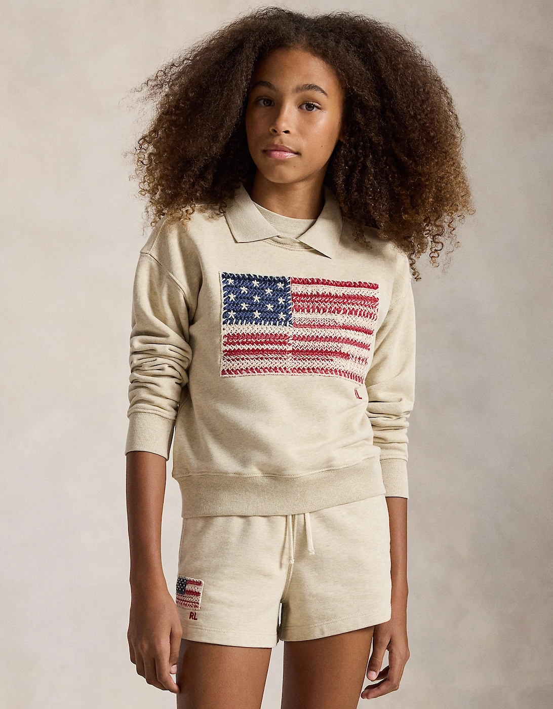 Ralph Lauren Girls French Terry Knit Flag Sweatshirt in Beige