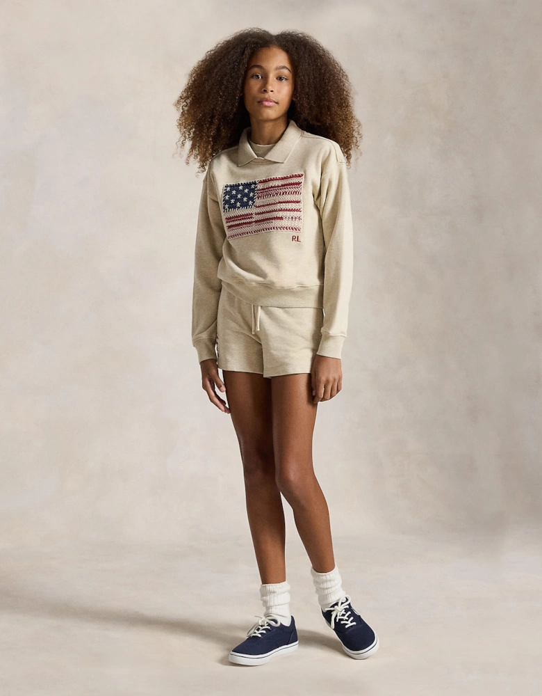 Ralph Lauren Girls French Terry Knit Flag Sweatshirt in Beige