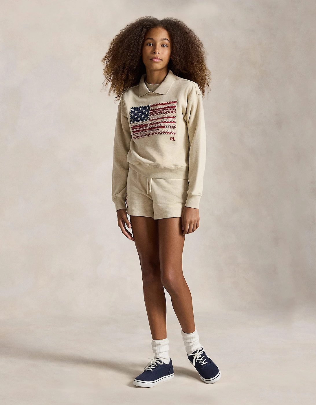 Ralph Lauren Girls French Terry Knit Flag Sweatshirt in Beige